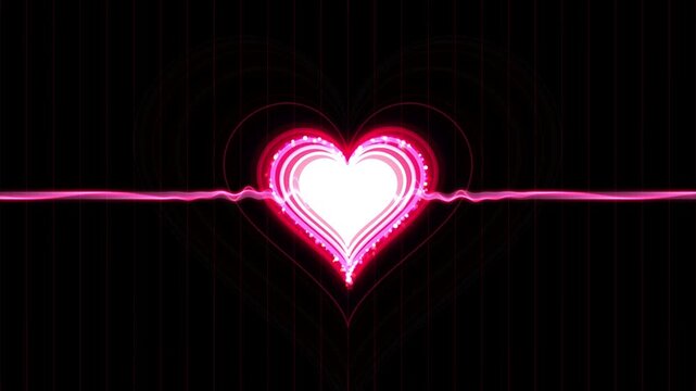 Glowing neon pink heart pulsing on black background with cardiogram waveform lines loop animation