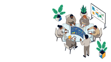 Obraz premium Diverse Business Team Collaborating on Data Analytics and Strategy in Modern Office Illustration