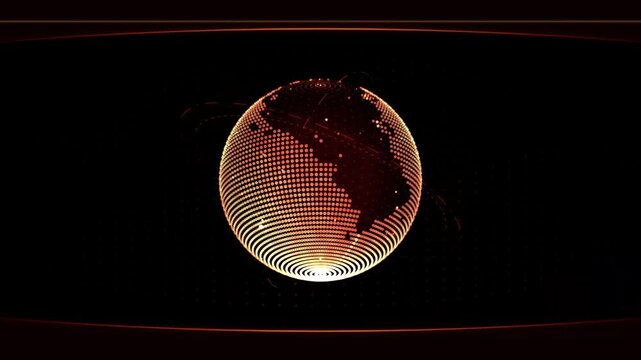 Glowing orange digital particle globe rotating on a dark grid background technology video loop
