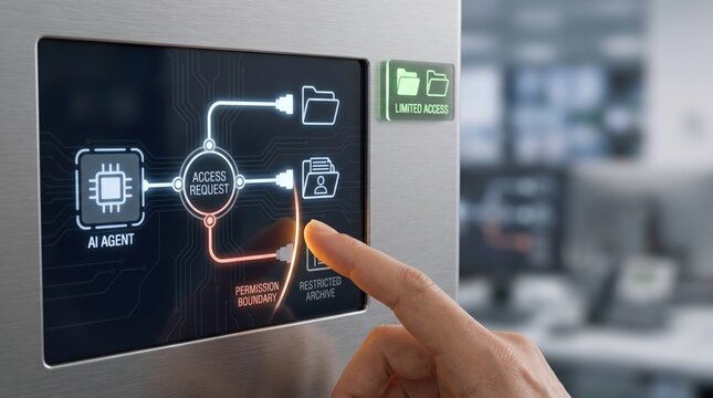 Runtime AI Governance - A human hand restricts AI access, allowing only essential data while blocking confidential information for security.