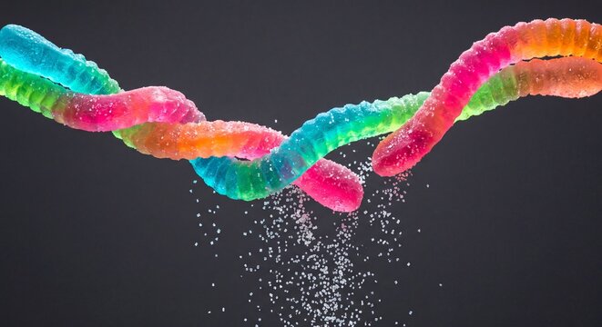 Neon sour gummy worms twisting together with falling sugar crystals
