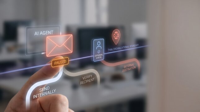 Runtime AI Governance - A human hand pauses an AI-generated message on a device screen, choosing to verify the recipient or send the message internally.