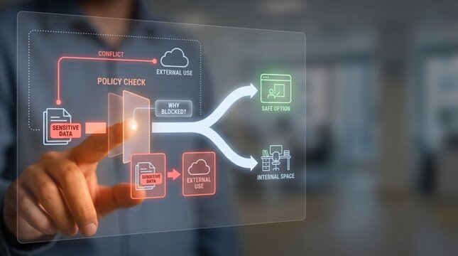 Runtime AI Governance - A hand taps a screen displaying a data restriction warning, highlighting blocked sensitive information and suggesting a secure alternative.