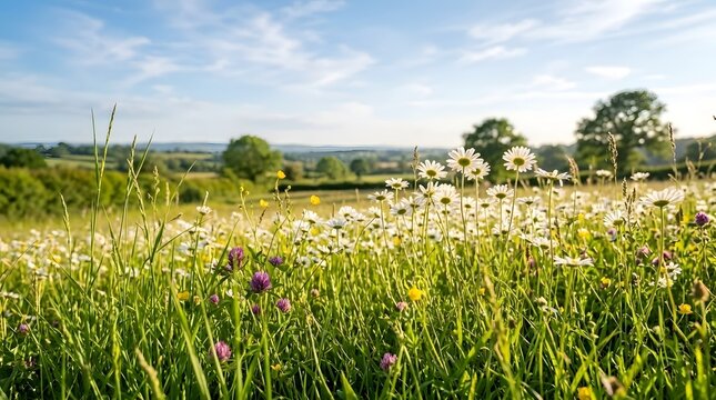 Colorful wildflowers in a sunny meadow with distant hills
