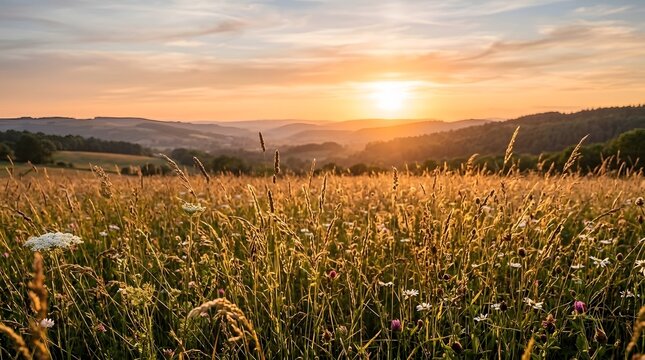 Sunset over golden wheat field with rolling hills