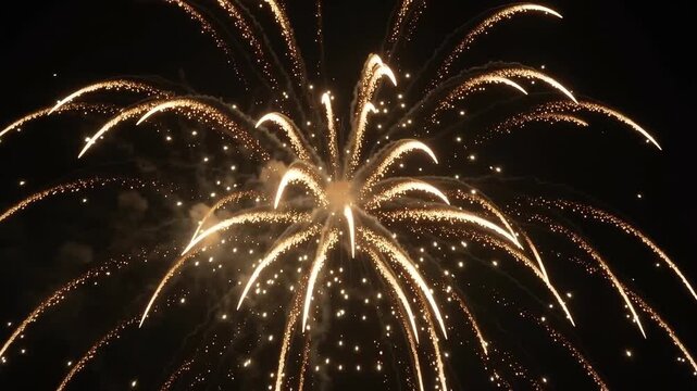 Golden Firework Burst with Bright Sparkling Trails in Night Sky &ndash; 4K Video