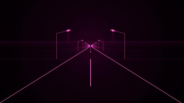Retro neon purple road animation with glowing streetlights moving through a dark virtual space