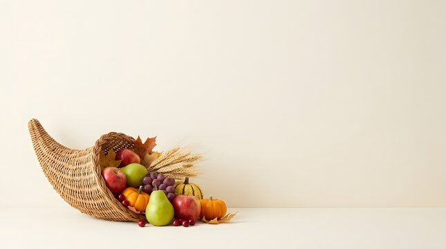 Abundant cornucopia overflowing with fresh autumn fruits and vegetables on a neutral background
