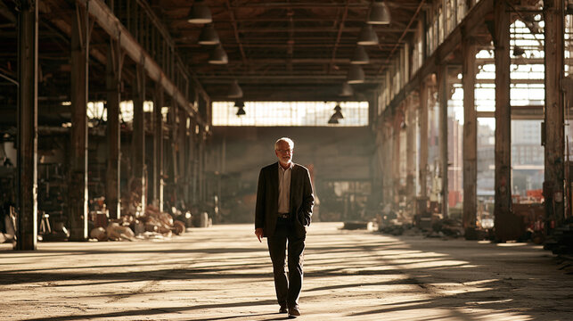 Senior businessman walk in abandoned old industrial factory warehouse hall