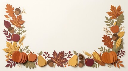 Fototapeta premium Autumnal border of colorful leaves and pumpkins against a soft neutral background