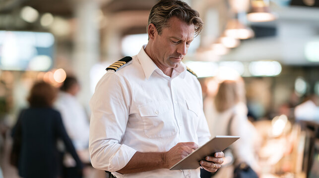 Airline pilot use digital tablet in airport terminal building for travel plan