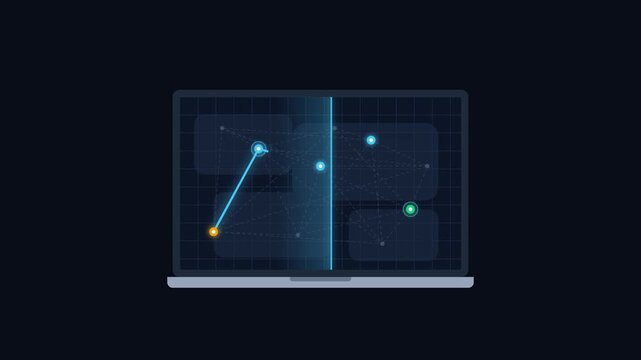 Flat vector laptop displaying glowing digital data line chart