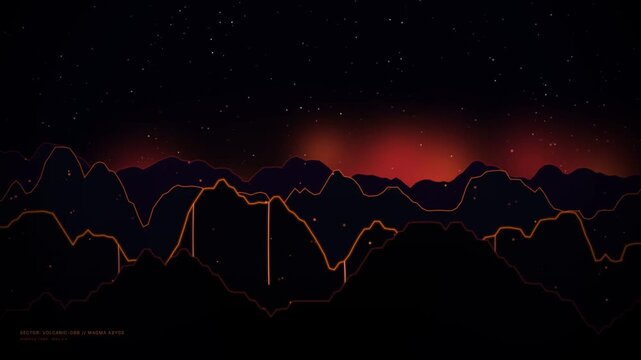 Sci-fi HUD interface loop animation of a futuristic volcanic alien planet landscape under a starry dark night sky with glowing orange magma flows and neon outlines of mountain ridges