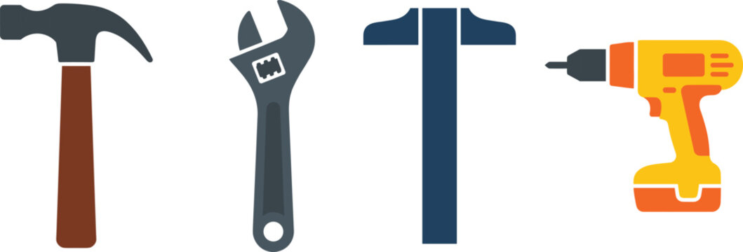Hand tools vector set featuring hammer adjustable wrench T square ruler and electric drill flat design icons