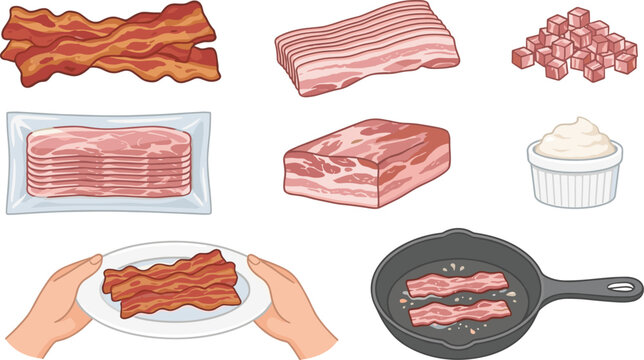 Bacon Food Illustration Set with Raw Slices, Fried Bacon, Packaged Meat, Bacon Cubes, Plate, and Skillet Cooking Elements