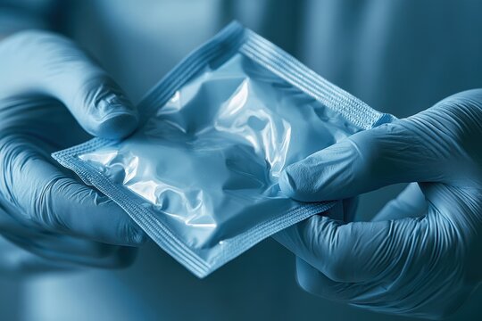 Gloved hands holding a sealed condom packet for safe sex and contraception