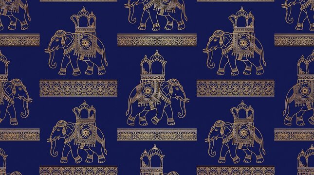 Elegant royal blue and gold elephant procession seamless pattern background with traditional lotus ornaments for Esala Perahera decor