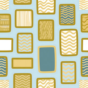 Hand drawn seamless pattern with abstract geometric rectangles and waves