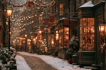 Fototapeta premium Charming old town street covered in snow, decorated with warm christmas lights