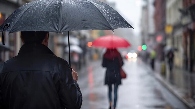 Pedestrians walking along rainy city street with umbrellas. People commuting in wet weather conditions. Static over the shoulder view.