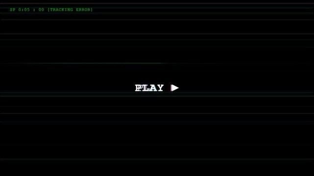Retro VHS play screen loop with tracking error and glitch distortion effects. Vintage analog video tape simulation overlay with green digital timecode and horizontal noise lines on black.