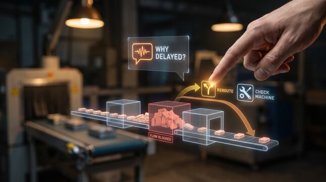 Conversational Factory Machine - A hand points to delayed production flow, identifies a bottleneck, and selects reroute to restore efficiency in a business process.