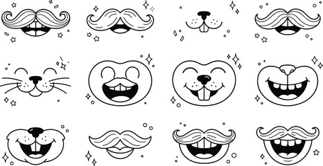 Obraz premium Cute Animal Mouth and Mustache Vector Icon Set with Funny Cat Whiskers Rabbit Teeth and Retro Handlebar Smiles for Photo Booth Props and Sticker Designs