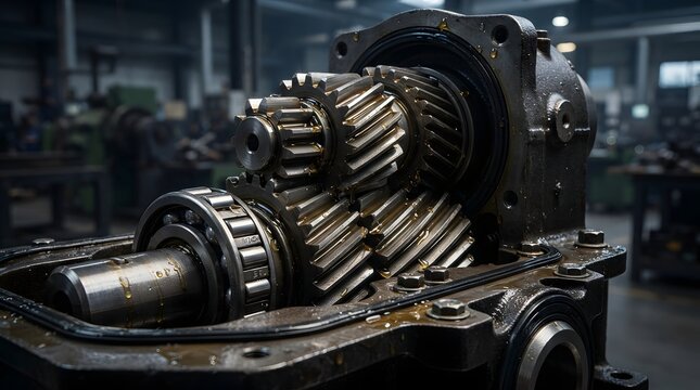 Industrial reduction gearbox with exposed metal gears and bearings inside a manufacturing workshop