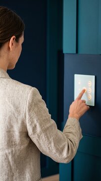 Woman using modern smart home touch switch on wall to control lighting and automation