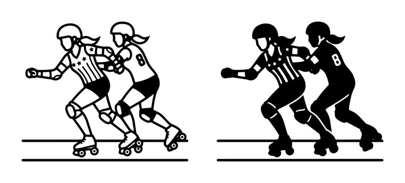Roller Derby Athletes, Two Women Skating, Sports Action Vector Art, Black and White Graphic Illustrations