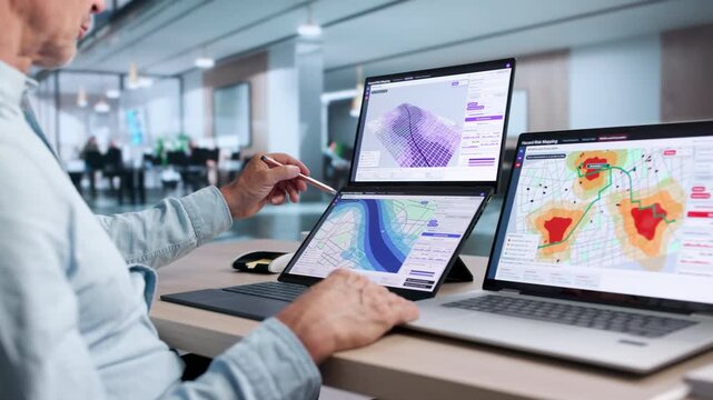 GIS Analyst Studies Flood Risk Map On Dual Touchscreen Laptop