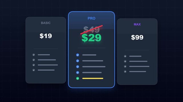 Modern dark ui pricing tables showing subscription plans and discounts