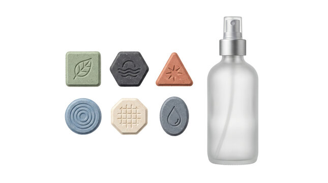 Frosted glass spray bottle with geometric skincare icons, minimalist cosmetic packaging mockup, organic beauty product branding elements on white background