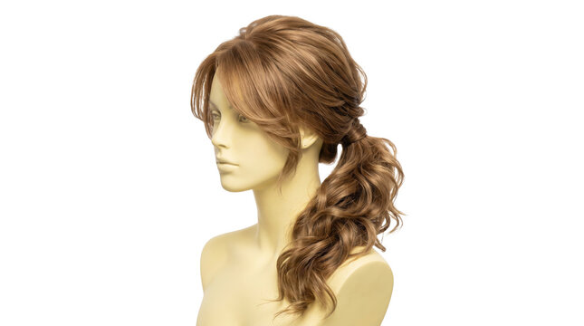 Light brown wavy ponytail wig on mannequin head, synthetic hair extension with side bangs, professional hairpiece for fashion and beauty styling