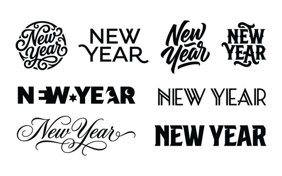 Creative new year lettering collection featuring diverse font styles and circular decorative graphic elements.