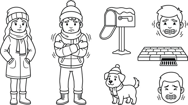Winter cold weather character vector set, freezing people shivering line art and snowy mailbox illustration