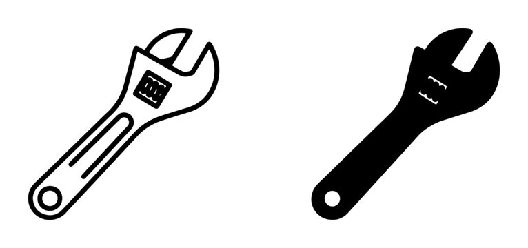 Adjustable Wrench Icons, Versatile Tools for Repair and Construction, Black and White Vector Graphics for DIY Projects