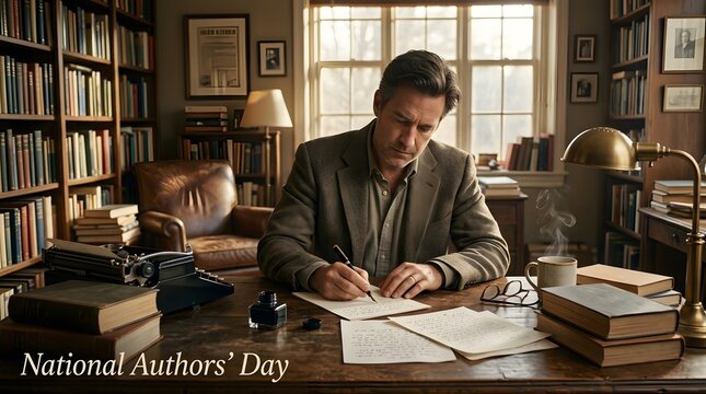 A focused male author sitting at a wooden desk in a vintage library writing a novel with a fountain pen on national authors day
