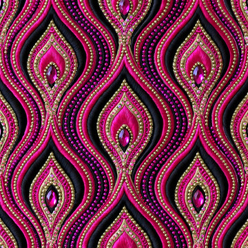Rich magenta and gold embroidered pattern with rhinestones and beads
