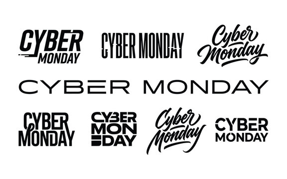 Professional cyber monday retail logo collection with varied typographic weights and creative text alignment.