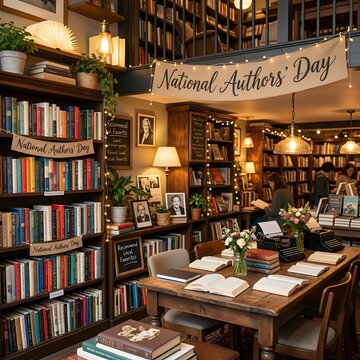 A cozy and charming interior of a vintage bookstore decorated for national authors day with open books on a wooden table and shelves