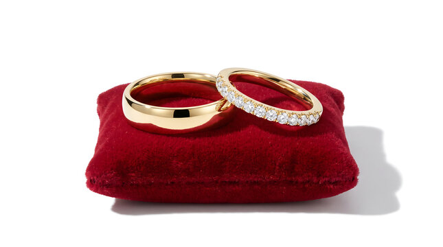 Luxury indian wedding bridal gold rings on red velvet pillow