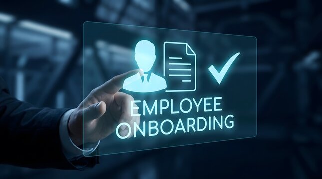 Business professional using a futuristic digital interface to complete the employee onboarding process in a modern office