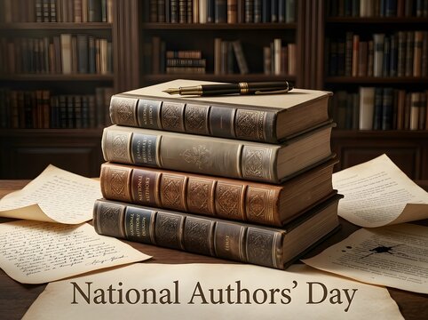 A stack of old vintage books placed on a wooden table with handwritten manuscript pages in a dark library setting for national authors day