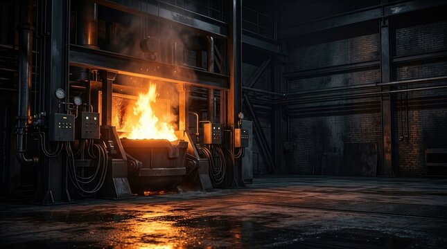 A massive industrial forge burns intensely, casting a fiery glow across a dark, cavernous space. Molten metal spills from the furnace, reflecting the flames.