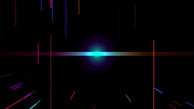 Colorful digital data lines falling around bright cyan center