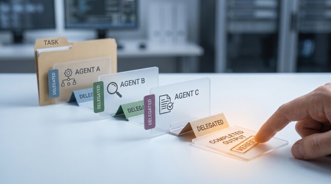 AI Agent Audit Trail - A hand reveals an output document showing the full chain of delegated accountability connecting three agents in a business context.