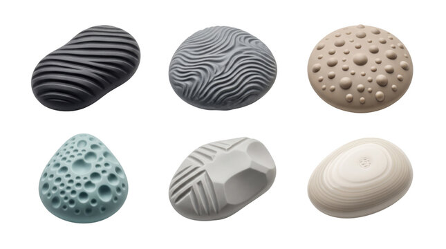 Textured sensory stones collection, 6 tactile worry stones with organic patterns, neutral colored smooth pebbles for mindfulness and stress relief