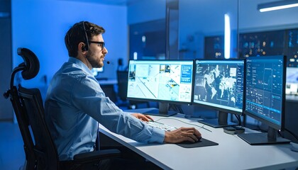 Fototapeta premium Engineer Analyzing Data on Multiple Computer Monitors in Modern Control Room