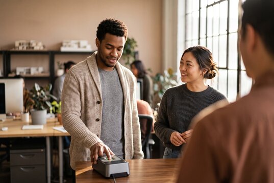 Young African American man scanning fingerprint on biometric reader at office reception desk